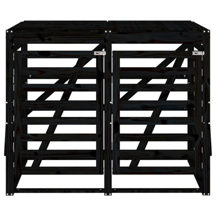Abri pour poubelle double sur roulettes noir bois massif de pin – Image 4