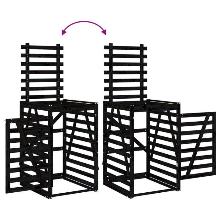 Abri pour poubelle double sur roulettes noir bois massif de pin – Image 8
