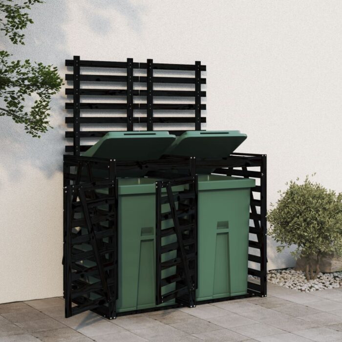 Abri pour poubelle double sur roulettes noir bois massif de pin – Image 1