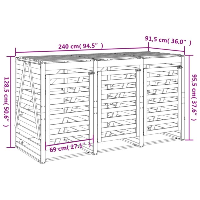 Abri pour poubelle triple sur roulettes noir bois massif de pin – Image 11