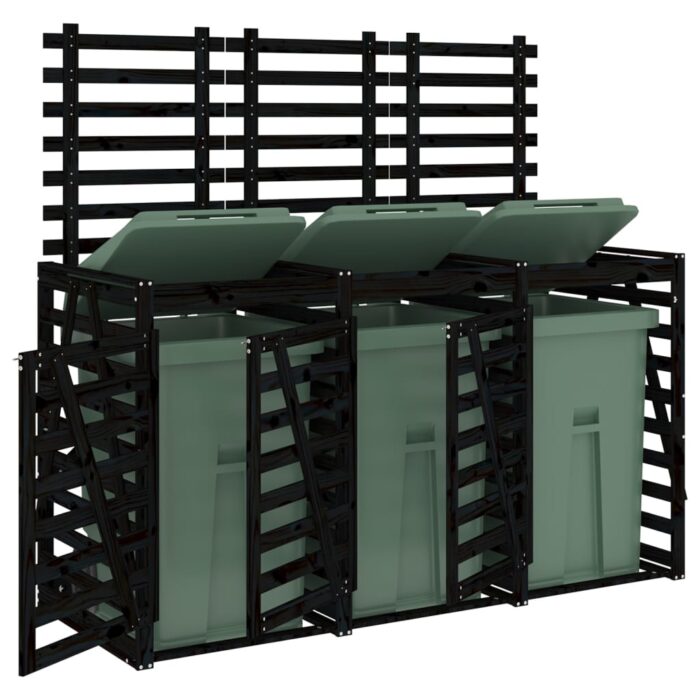 Abri pour poubelle triple sur roulettes noir bois massif de pin – Image 2