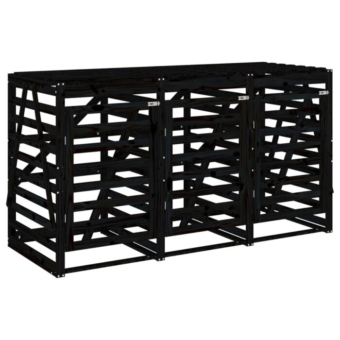 Abri pour poubelle triple sur roulettes noir bois massif de pin – Image 3