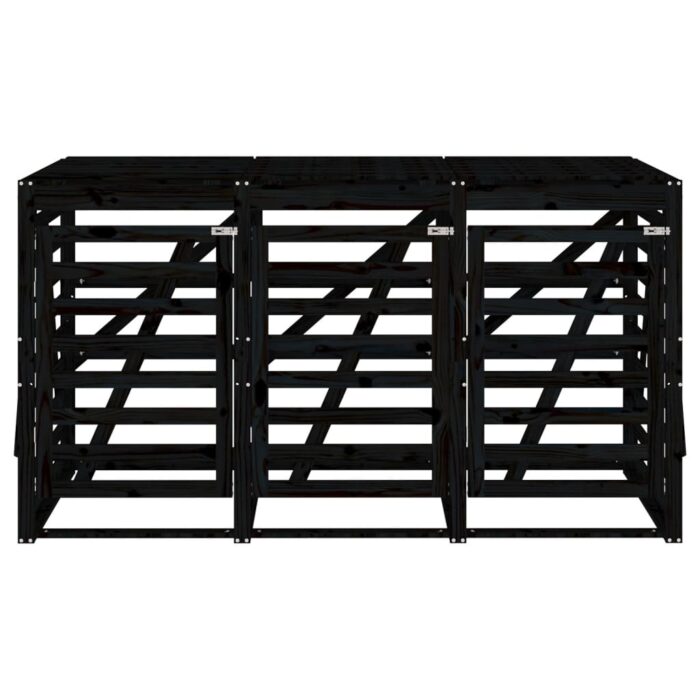 Abri pour poubelle triple sur roulettes noir bois massif de pin – Image 4