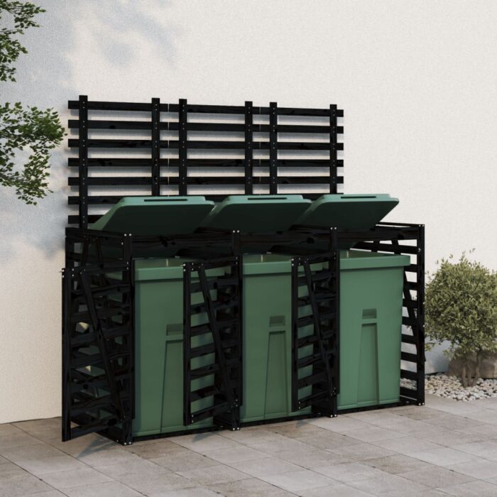 Abri pour poubelle triple sur roulettes noir bois massif de pin – Image 1