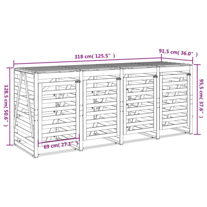 Abri de poubelles quadruple sur roulettes bois massif pin – Image 11