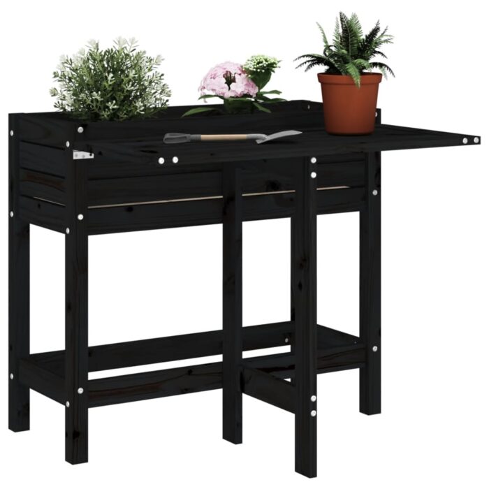 Jardinière de jardin avec dessus pliable noir bois pin massif – Image 1
