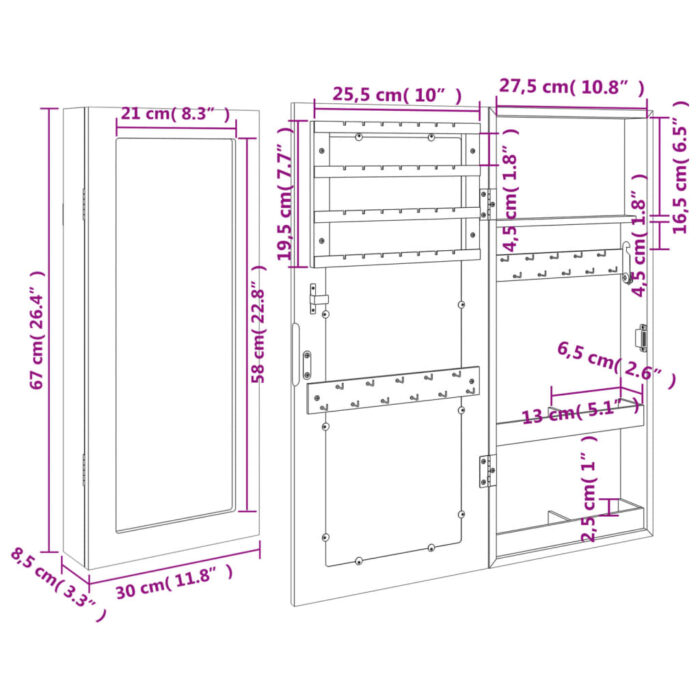 Armoire à bijoux avec miroir murale blanc 30x8,5x67 cm – Image 9