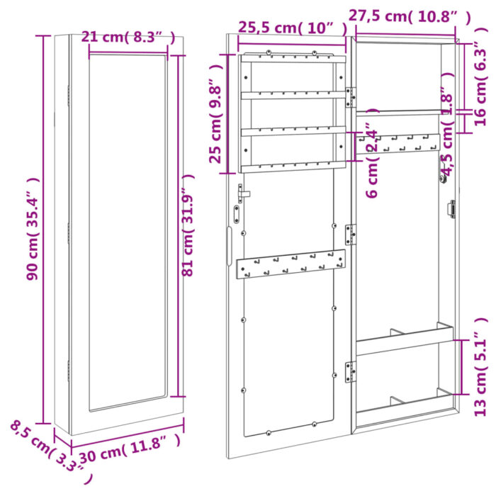 Armoire à bijoux avec miroir murale 30x8,5x90 cm – Image 9