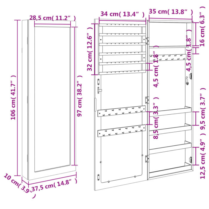 Armoire à bijoux avec miroir murale blanc 37,5x10x106 cm – Image 9