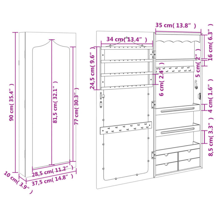 Armoire à bijoux avec miroir murale 37,5x10x90 cm – Image 9