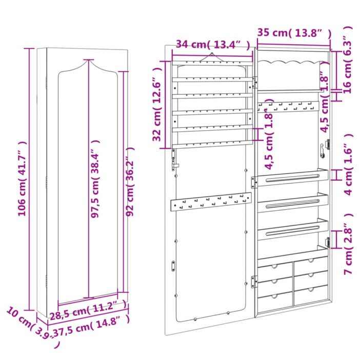 Armoire à bijoux avec miroir murale 37,5x10x106 cm – Image 9