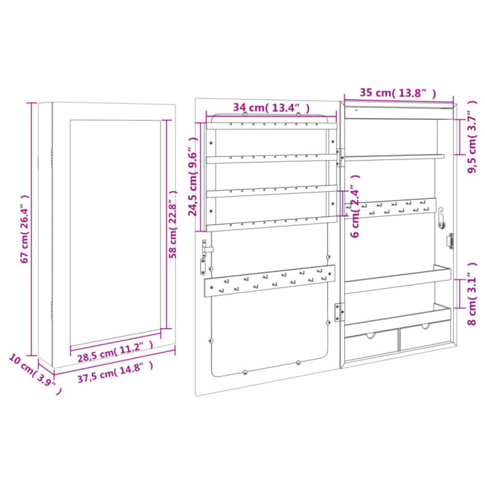 Armoire à bijoux avec miroir et éclairage LED mural noir – Image 10