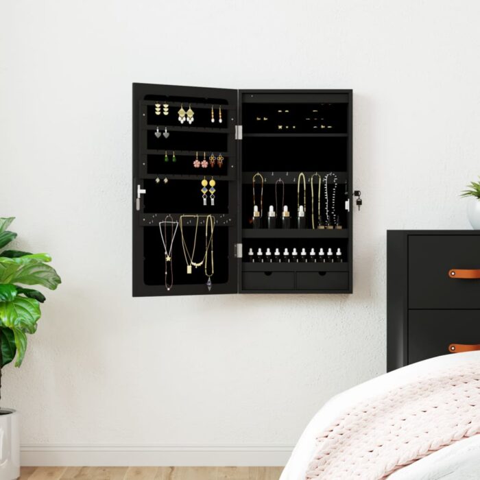 Armoire à bijoux avec miroir et éclairage LED mural noir – Image 1