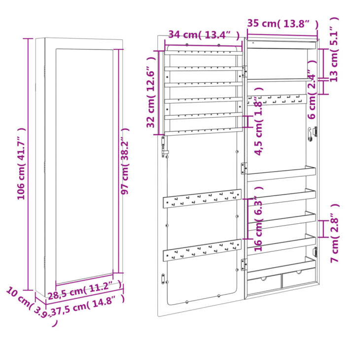 Armoire à bijoux avec miroir et éclairage LED mural noir – Image 10