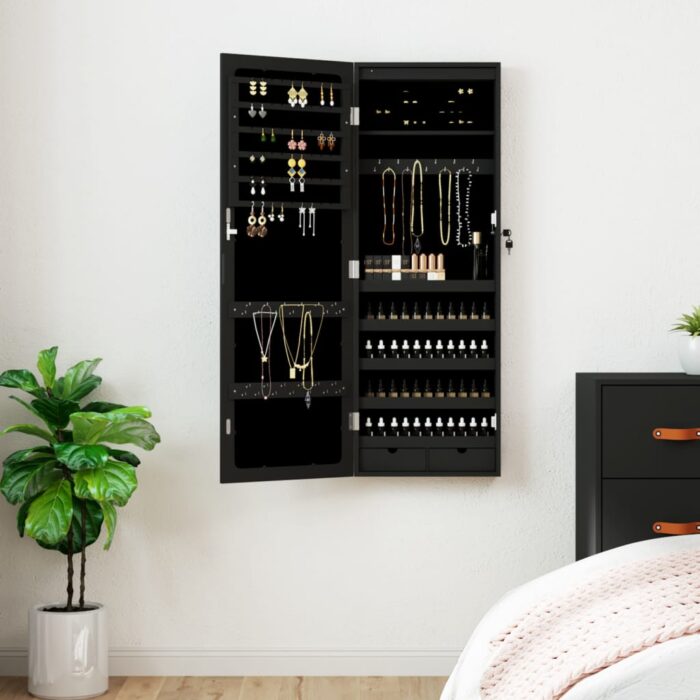 Armoire à bijoux avec miroir et éclairage LED mural noir – Image 1