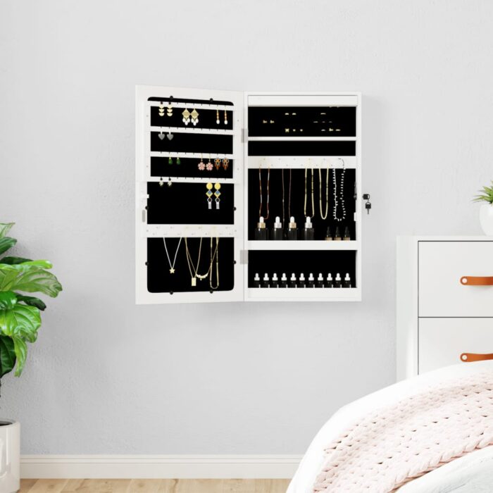 Armoire à bijoux avec miroir et éclairage LED mural blanc – Image 1