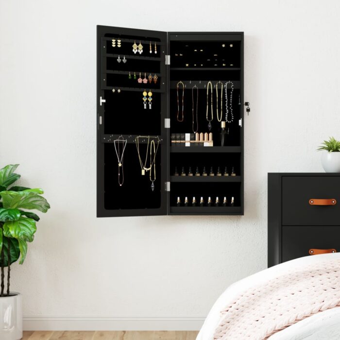 Armoire à bijoux avec miroir et éclairage LED mural noir – Image 1
