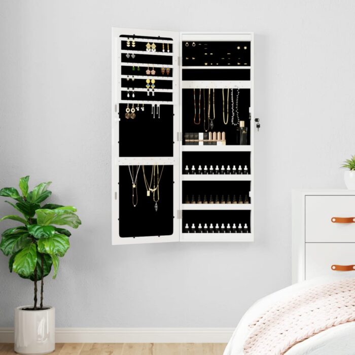 Armoire à bijoux avec miroir et éclairage LED mural blanc – Image 1