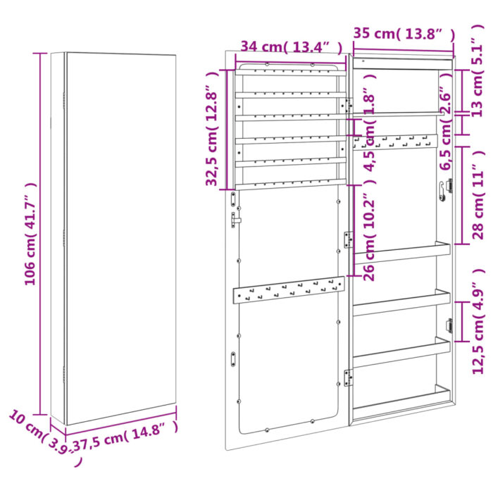 Armoire à bijoux avec miroir et éclairage LED mural – Image 10