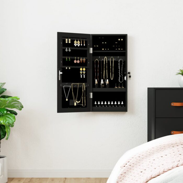 Armoire à bijoux avec miroir et éclairage LED mural noir – Image 1