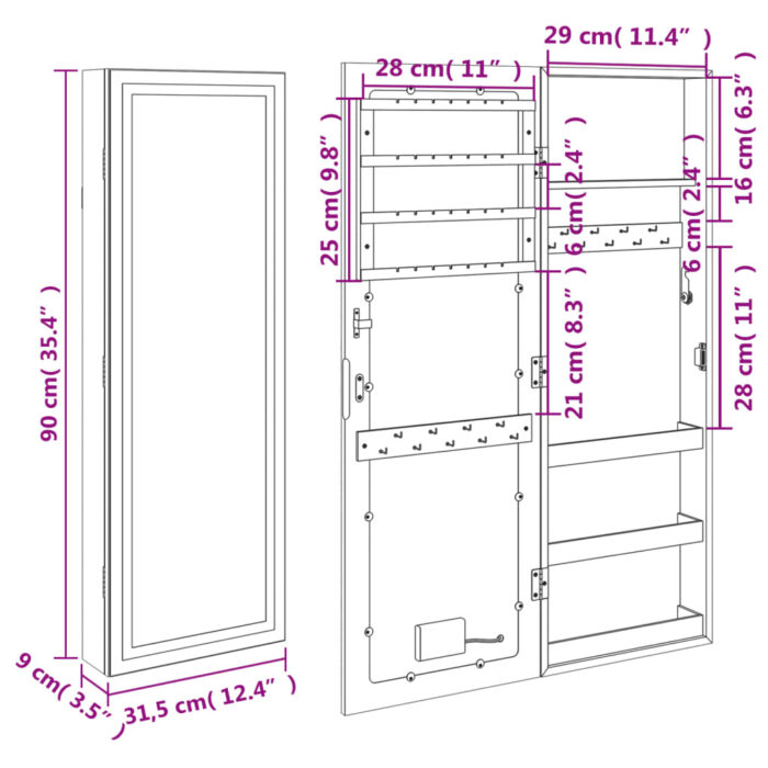Armoire à bijoux avec miroir et éclairage LED mural blanc – Image 10
