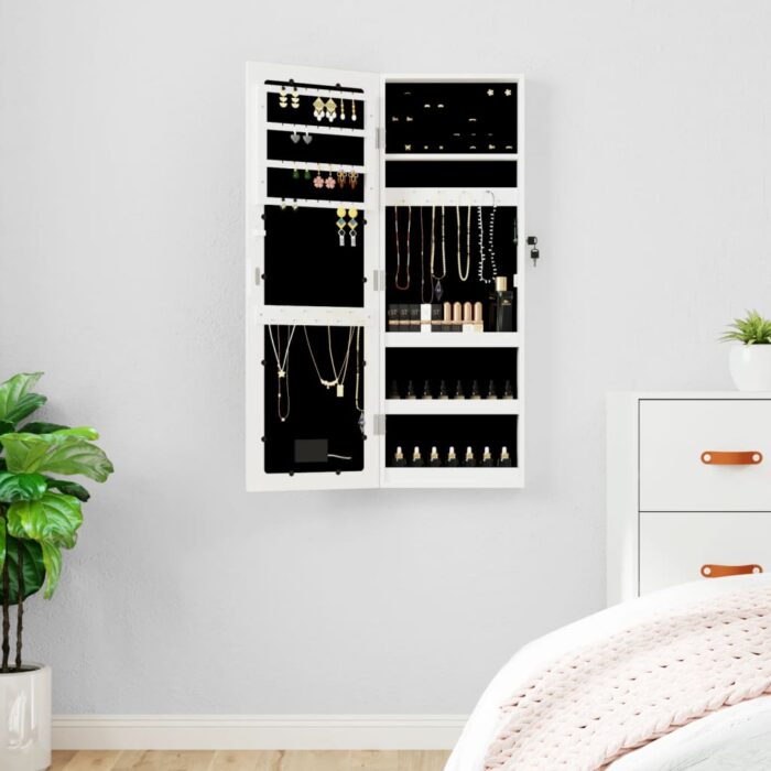 Armoire à bijoux avec miroir et éclairage LED mural blanc – Image 1