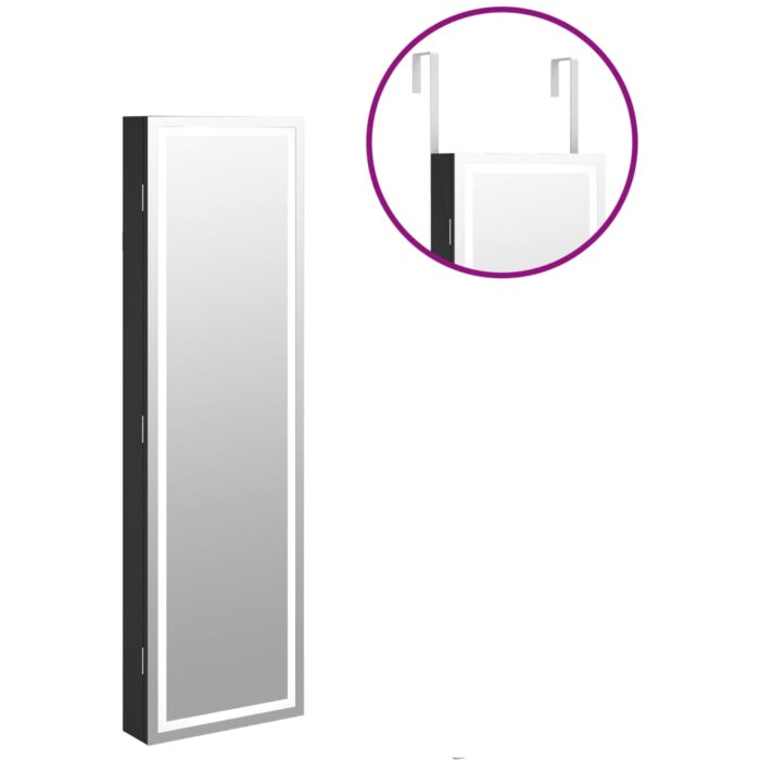Armoire à bijoux avec miroir et éclairage LED mural noir – Image 8