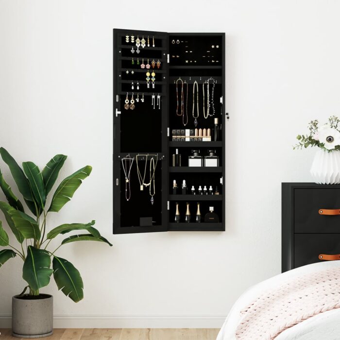 Armoire à bijoux avec miroir et éclairage LED mural noir – Image 1