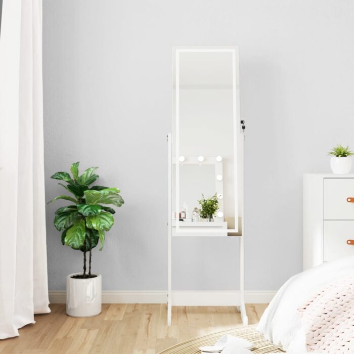 Armoire à bijoux miroir avec lumières LED sur pied blanc – Image 1