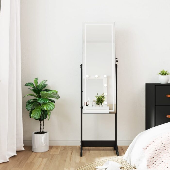Armoire à bijoux miroir avec lumières LED sur pied noir – Image 1