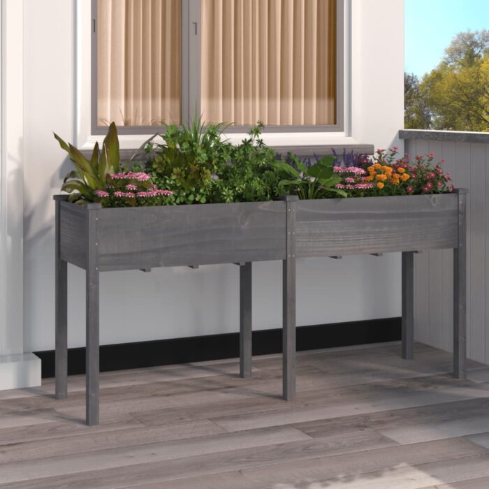 Jardinière avec doublure gris 161x45x76 cm bois massif de sapin – Image 1