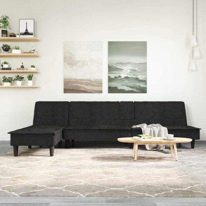 Canapé-lit en forme de L noir 255x140x70 cm velours – Image 1