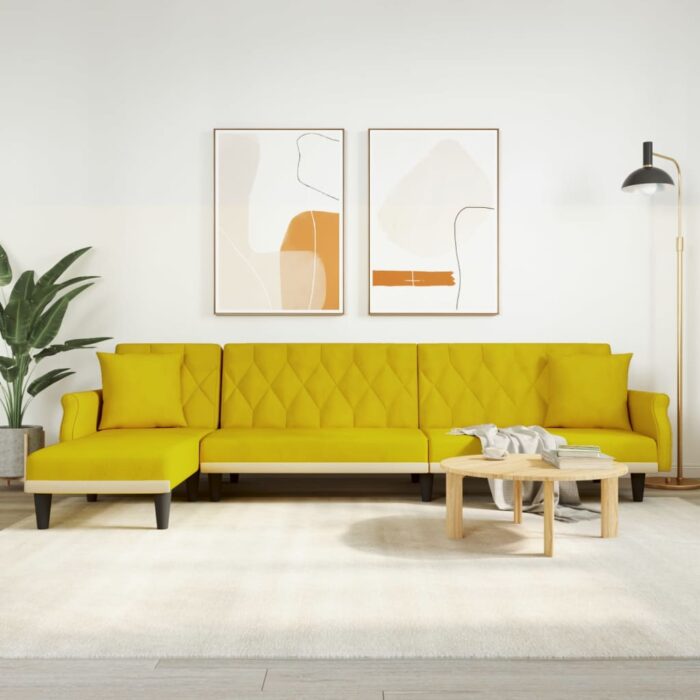 Canapé-lit en forme de L jaune 271x140x70 cm velours – Image 1
