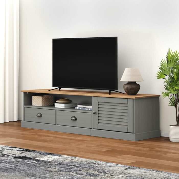 Meuble TV VIGO gris 156x40x40 cm bois massif de pin – Image 1