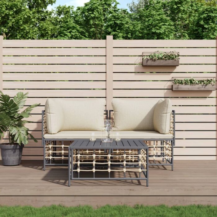 Salon de jardin 3 pcs avec coussins anthracite résine tressée – Image 1