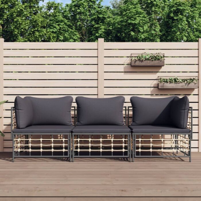 Salon de jardin 3 pcs avec coussins anthracite résine tressée – Image 1
