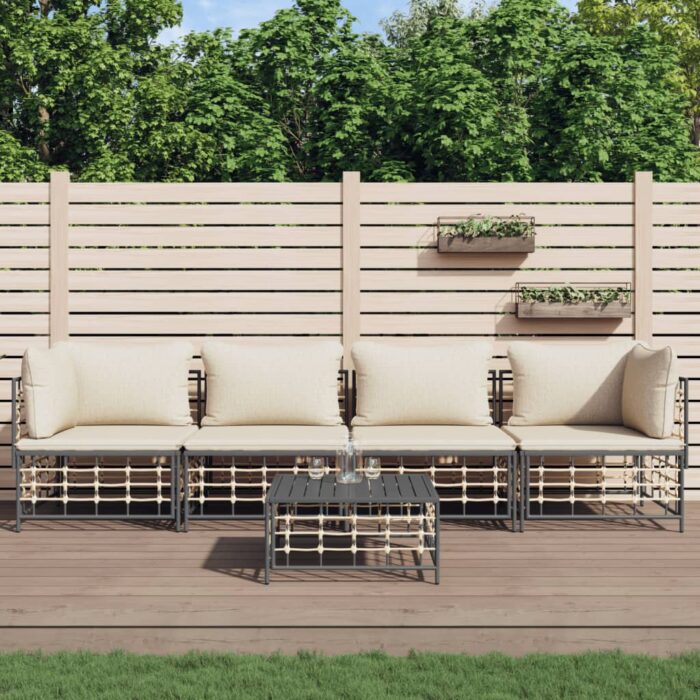 Salon de jardin 5 pcs avec coussins anthracite résine tressée – Image 1