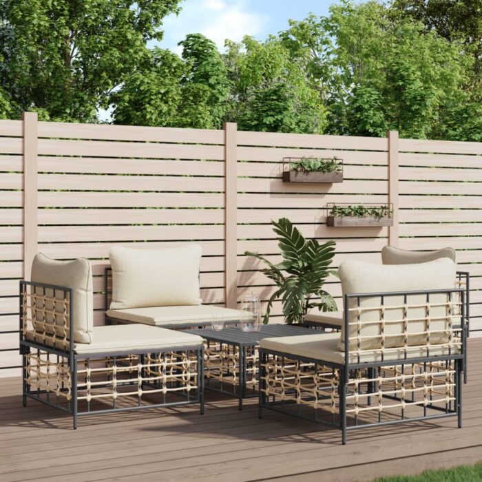Salon de jardin 5 pcs avec coussins anthracite résine tressée – Image 1