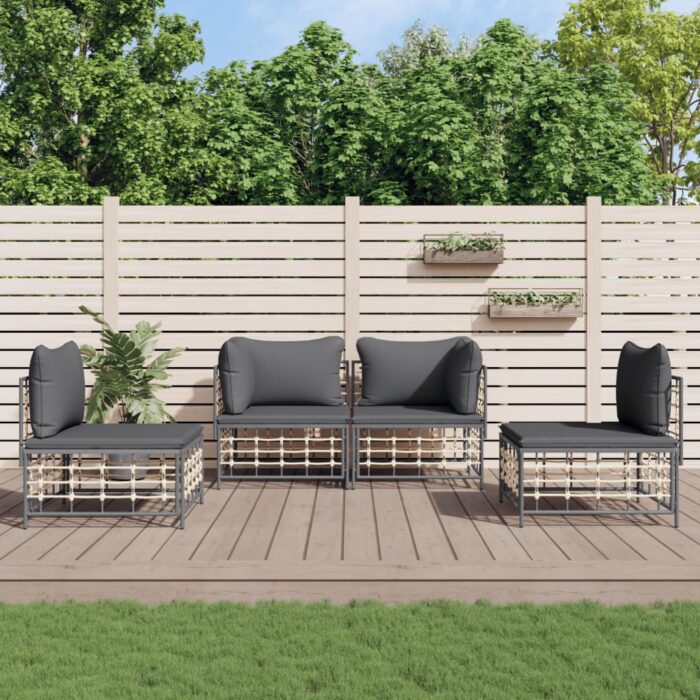 Salon de jardin 4 pcs avec coussins anthracite résine tressée – Image 1