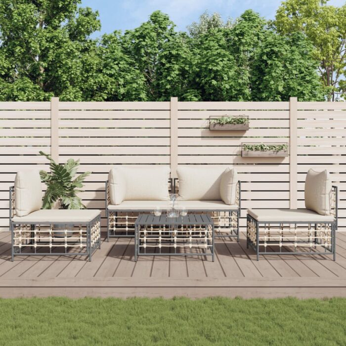 Salon de jardin 5 pcs avec coussins anthracite résine tressée – Image 1