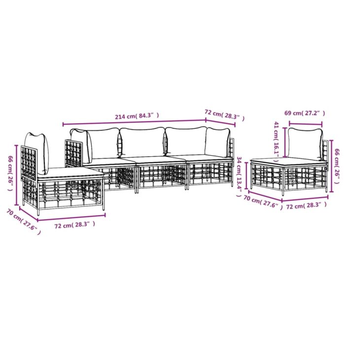 Salon de jardin 5 pcs avec coussins anthracite résine tressée – Image 6
