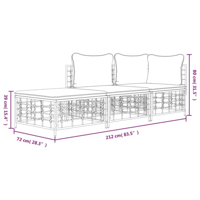 Salon de jardin 3 pcs avec coussins anthracite résine tressée – Image 7