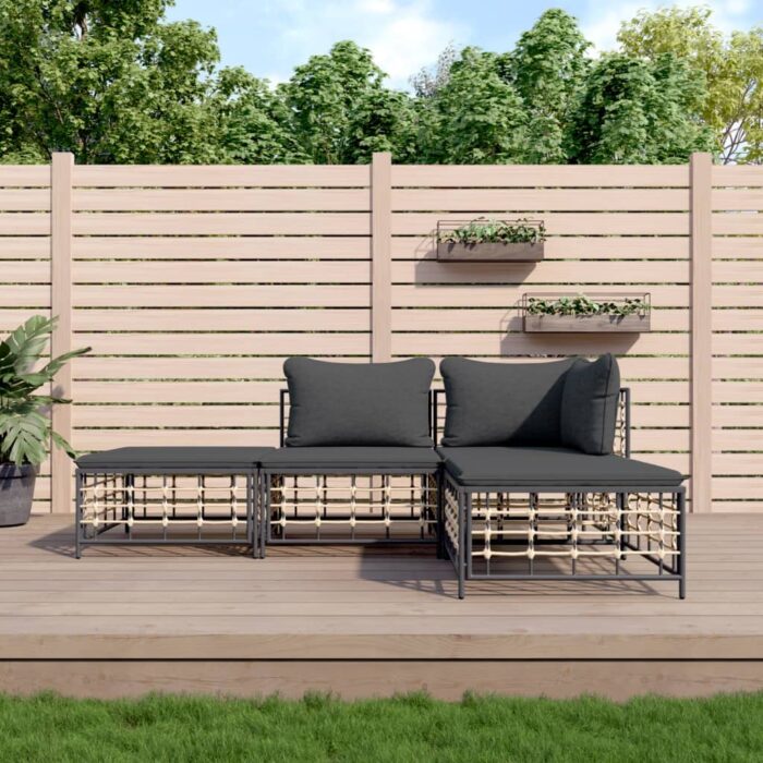 Salon de jardin 4 pcs avec coussins anthracite résine tressée – Image 1