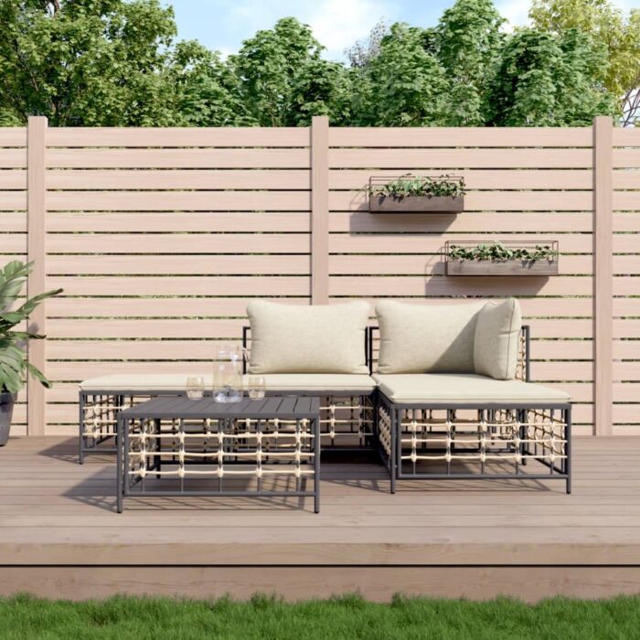 Salon de jardin 5 pcs avec coussins anthracite résine tressée – Image 1