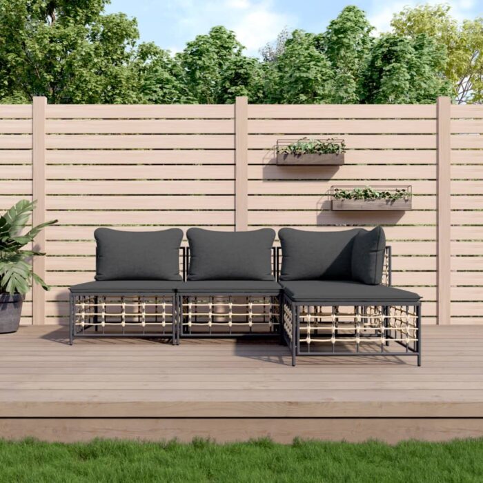Salon de jardin 4 pcs avec coussins anthracite résine tressée – Image 1
