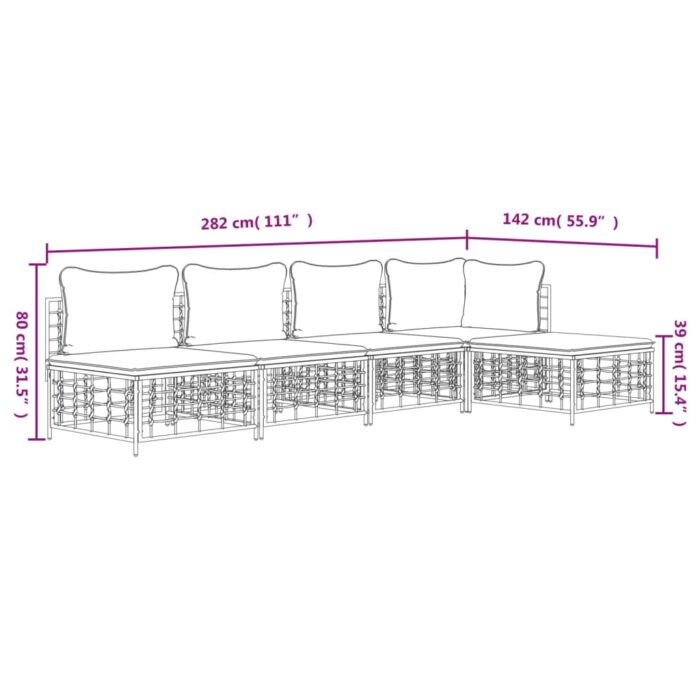 Salon de jardin 5 pcs avec coussins anthracite résine tressée – Image 7