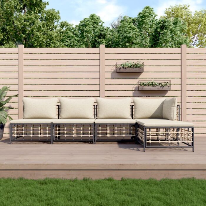 Salon de jardin 5 pcs avec coussins anthracite résine tressée – Image 1