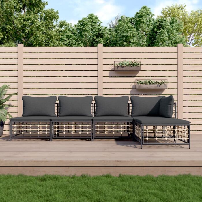 Salon de jardin 5 pcs avec coussins anthracite résine tressée – Image 1