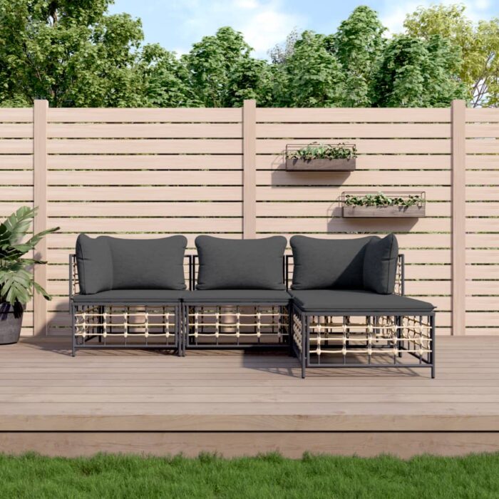 Salon de jardin 4 pcs avec coussins anthracite résine tressée – Image 1