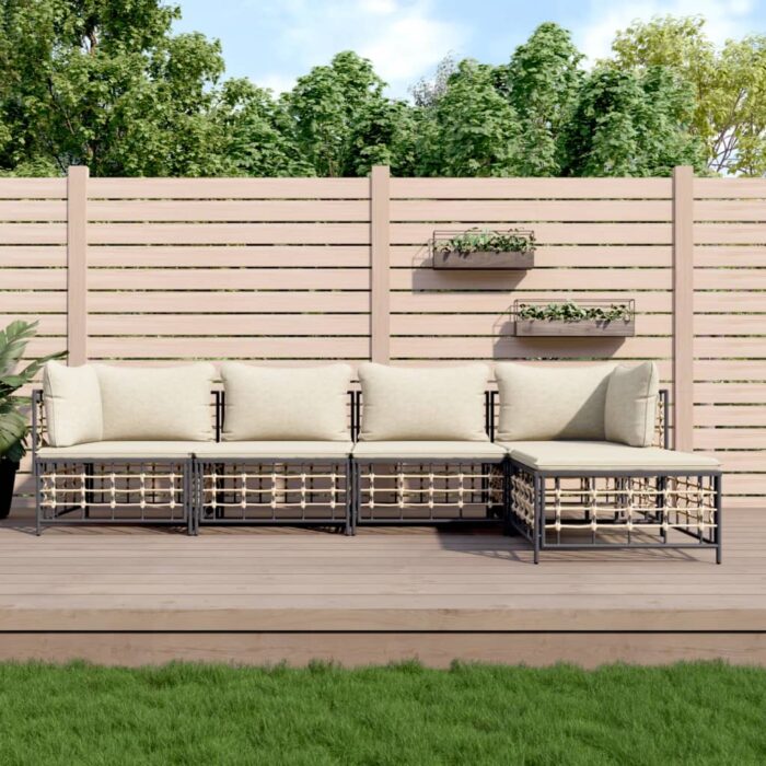 Salon de jardin 5 pcs avec coussins anthracite résine tressée – Image 1